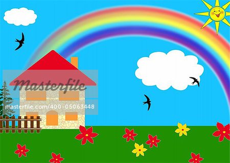 Children's picture - a small house under a rainbow on a blossoming meadow.