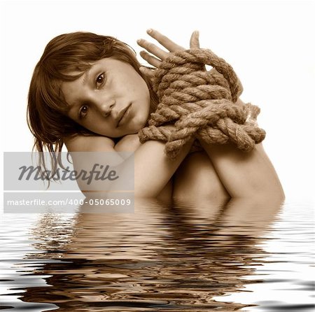 beaty girl with connected hands by string, flooding the white