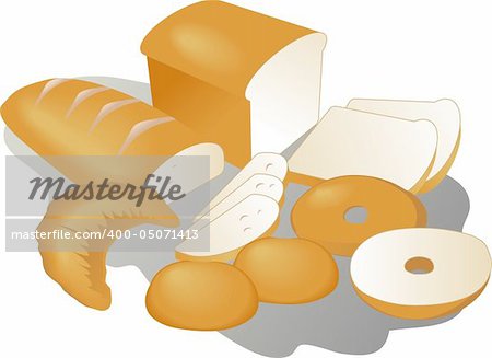 Various breads and baked goods sliced and whole illustration