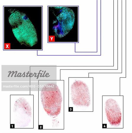 Unknown fingerprints comparison in a criminology database. Colored fingerprints on a white and black backgrounds.