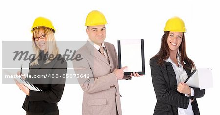 two businesswoman and businessman with documents on white background