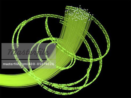 3d rendered illustration of many green fiber optic cables and binary numbers