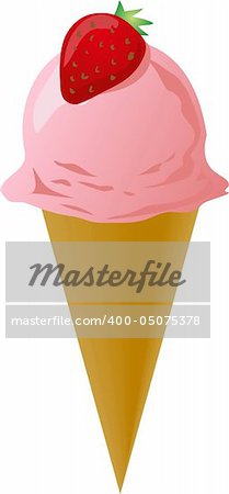 Fancy decorated ice cream cone pink scoop with strawberry, illustration