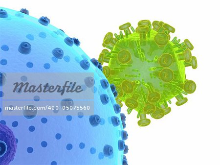 3d rendered close up of hi virus and human cell