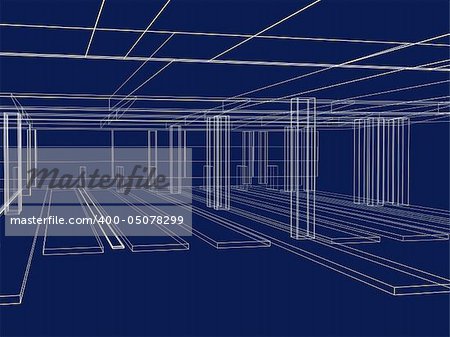 3d abstract sketch of an interior. Object over blue