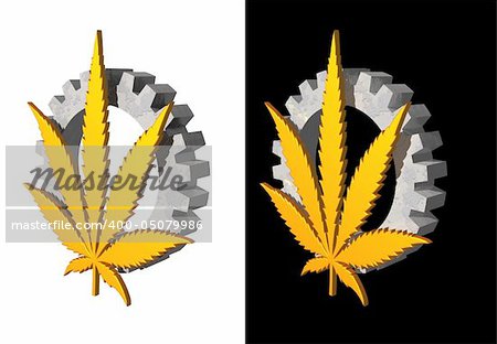 golden hemp symbol and gearwheel on white and black background