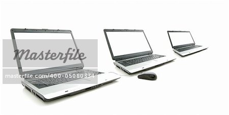 white screen in three laptop  isolated on white