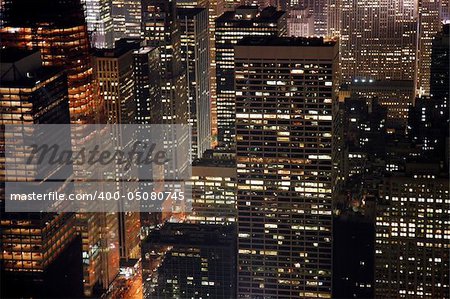 Night view of buildings in Midtown Manhattan in New York City.