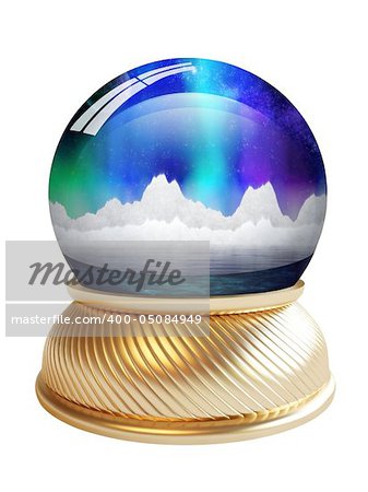 Magic arctic christmas snow globe on white background with clipping path