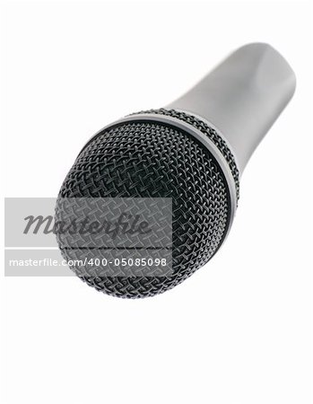 Microphone perspective. The studio musical microphone isolated on a white background