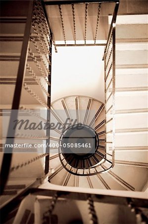 high angle view of old spiral staircase