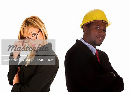 smiling businesswoman and businessman on white background