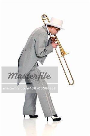 A pretty young lady playing a slide trombone.