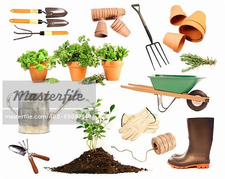 Variety of objects for spring planting on white background