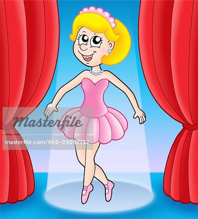 Pink ballerina on stage - color illustration.