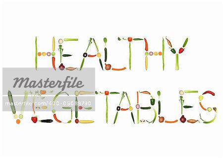 Vegetable selection spelling the words healthy vegetables, over white background.