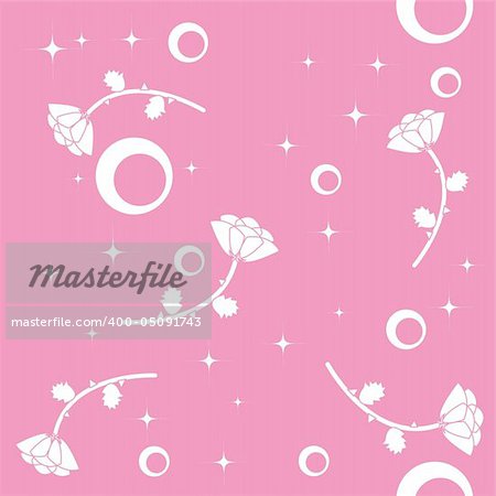 Seamless pattern with roses, stars and circles on pink background