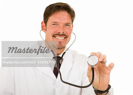 Friendly caring doctor about to examine you.  Isolated on white.