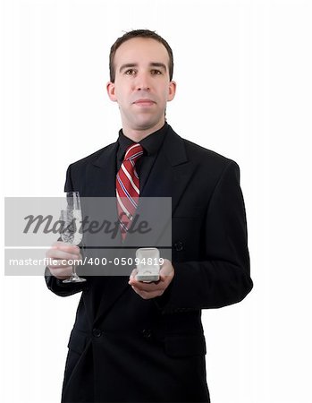 A young man showing the ring he plans to propose with, isolated against a white background