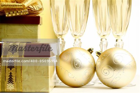 holiday card - golden champagne and gift