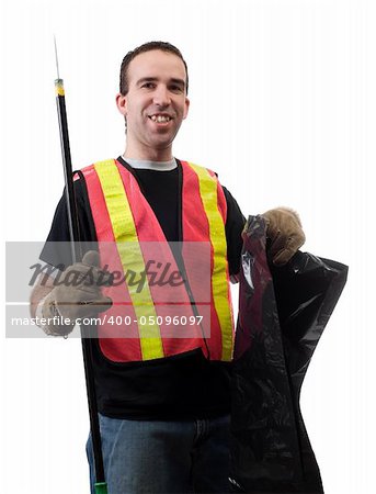 Garbage picker is cleaning up the streets with a poking stick and a bag, isolated against a white background