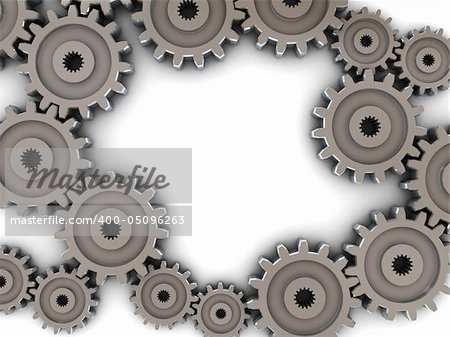3d illustration of gear wheels around white space, frame