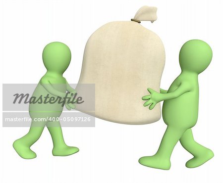 Two 3d puppets carrying big bag. Object over white