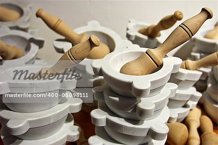 Many Pestles and mortars in a small shop in Italy