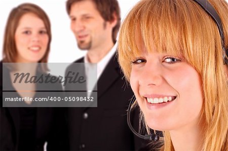young customer service representative with business people in background