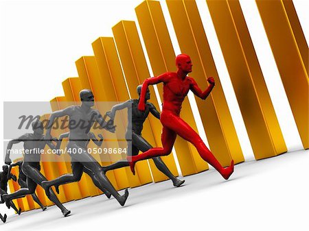 abstract 3d illustration of team with leader runing over golden bars