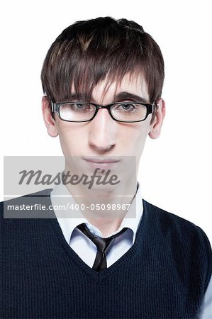 cute young guy with fashion haircut wearing glasses, on white