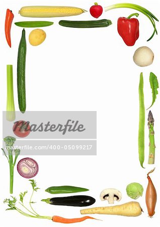 Vegetable selection forming an abstract frame, over white background.