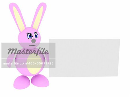 3d render of pink bunny with blank card. Isolated on white background.