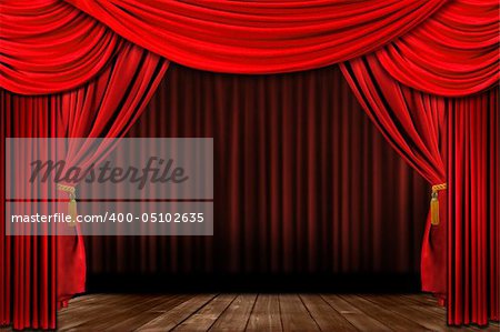 Dramatic red old fashioned elegant theater stage with velvet curtain drapes