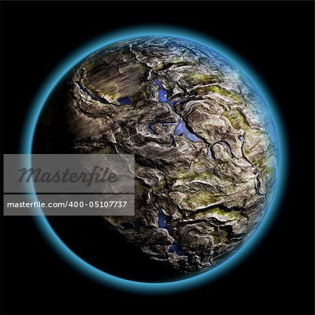 3D render of like iron planet with atmosphere isolated on black background. Exellent material for your cosmos art.