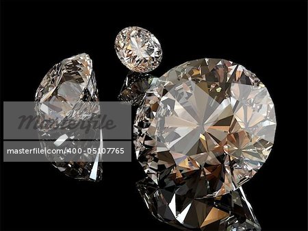 Diamonds with reflections isolated on black background. Clipping path.