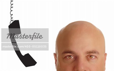 head of bald man with phone receiver dangling beside his ear