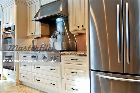 Interior of modern luxury kitchen with stainless steel appliances