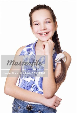 a beautiful girl smiles, it is isolated on a white background