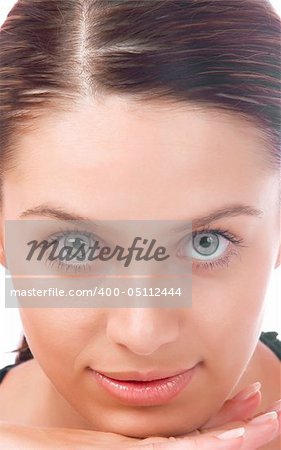 Close up portrait of young woman on white back