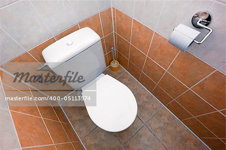 white clean toilet wide angel photo, brown tiles