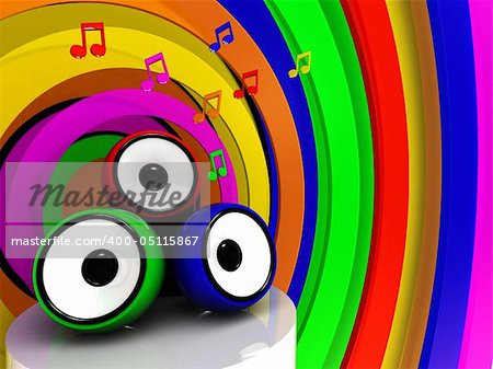 3d illustration of sound system and music symbols over colorful background