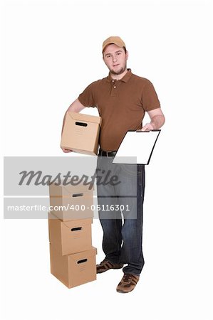 delivery man with a package isolated on white background