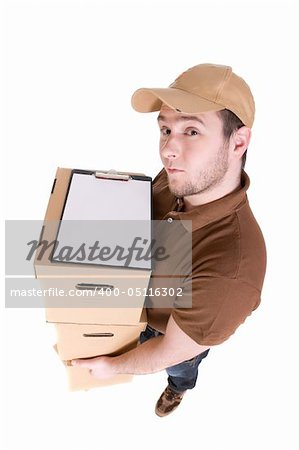 delivery man with a package isolated on white background
