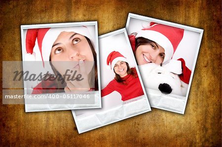 set of three photo frames with christmas images over grunge background