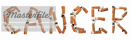 Word cancer made out of cigarette butts, isolated on white