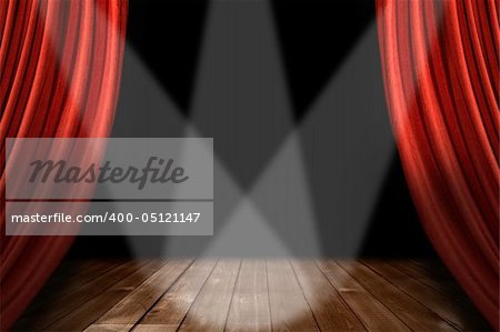Theater Stage Background With 3 Spotlights Centered on Wooden Floor