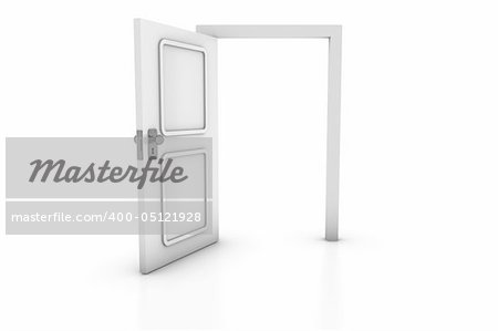 Conceptual 3D Render Illustration of an open door. Exit, solution, choice, option, success.