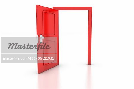 Open red door on white with reflection. Conceptual 3d render: success, options, success.