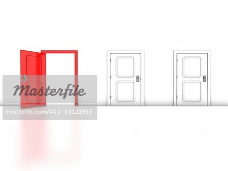 Conceptual 3D Render Illustration. Open red door. Exit, solution, choice, option, success.